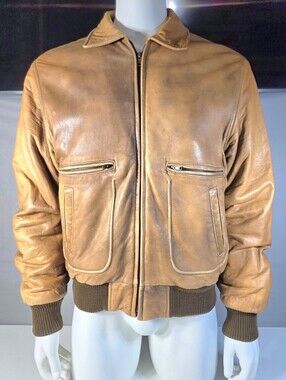 Adam Spencer 80's Caramel Brown Leather Bomber Jacket Size 42T Large Tall